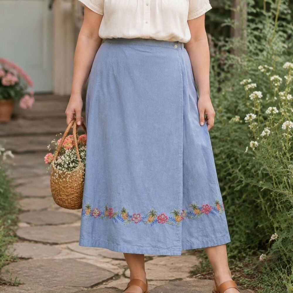 Vintage 90s Bobbie Brooks Chambray Faux Wrap Skirt Cottagecore Floral Pineapple